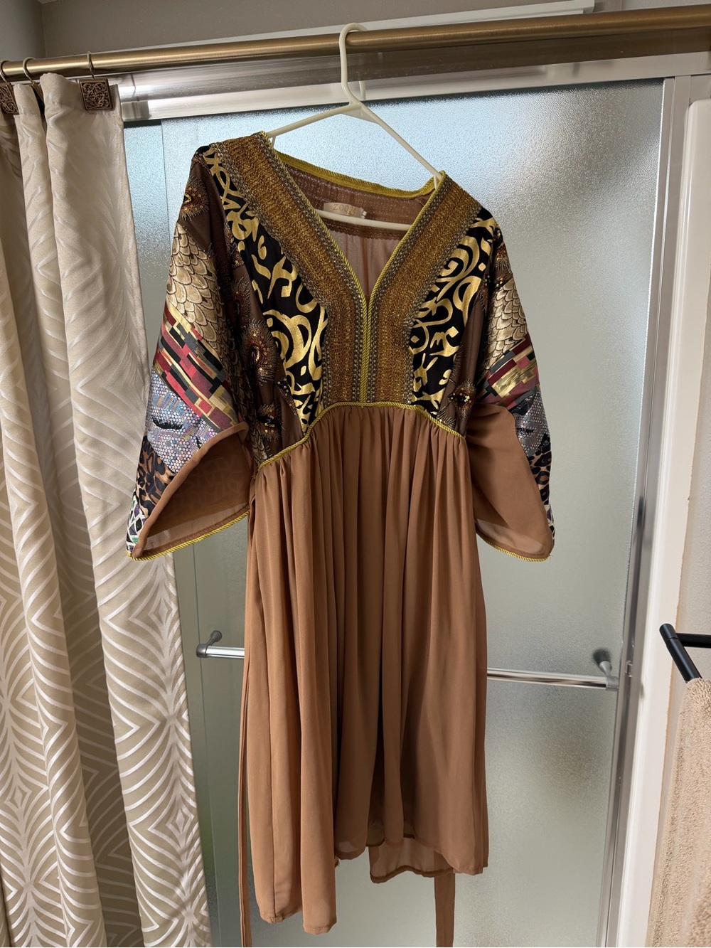 Zoom Brown Embellished V-Neck Midi Dress